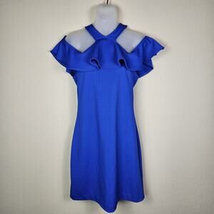 Trina Turk Halter Dress Size 4 Royal Blue Party Mini Short Off Shoulder Ruffle